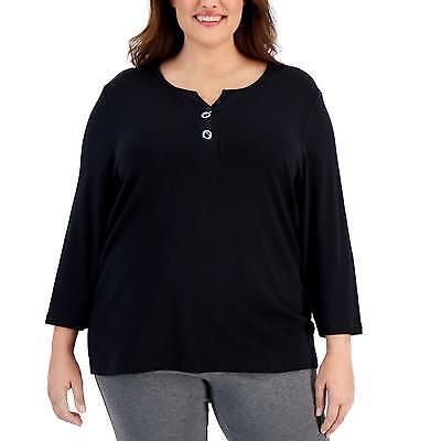 Karen Scott Plus Size Toggle-Neck Top, - Deep Black 1X