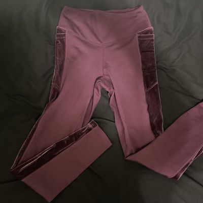 VS PINK Cozy Leggings Purple Velvet Stripe+Seamless Ribbed Crop Top Workout