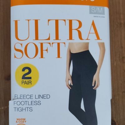 Warners FOOTLESS Tights S/M & L/XL Fleece Lined 2pk BLACK Ultra Soft NEW