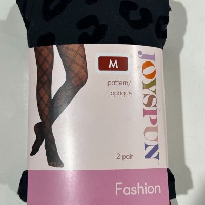 Joyspun Women's Red Opaque & Black Flocked Leopard 2 Pack Tights Size Medium