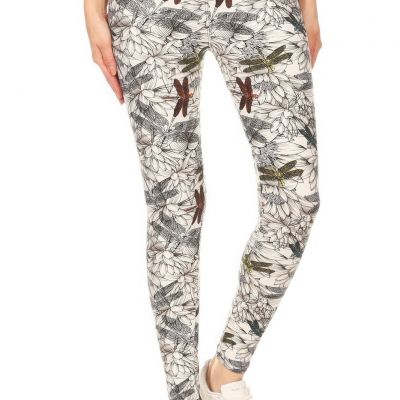 FASHNZFAB Women's Yoga Style Banded Lined Dragonfly Print, Full Length Leggings