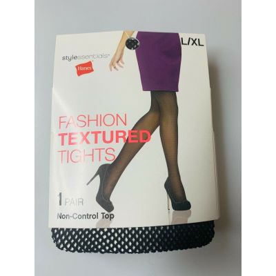 Hanes Fashion Textured Tights, Fishnet, Non-Control Top, Black, L/XL