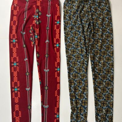 Lot of 2 Pairs LuLaRoe One Size OS Leggings Red Aztec + Blue / Yellow Floral