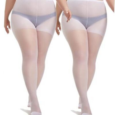 2 Pairs Plus Size Sheer Tights for Women, 20D X-Large-XX-Large White-2pairs