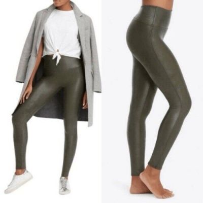 SPANX Faux Leather Shiny Leggings Dark Olive Green Size Large