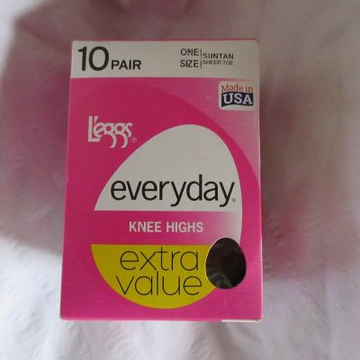 Leggs Everyday Knee Highs One Size Suntan Sheer Toe 10 Pair Made In USA