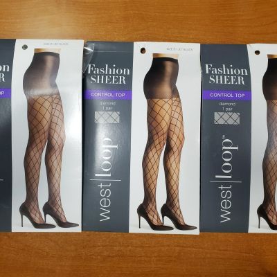 3 Pk West Loop Fashion Diamond Pattern Pantyhose Sheer Size B Jet Black (0C1969)