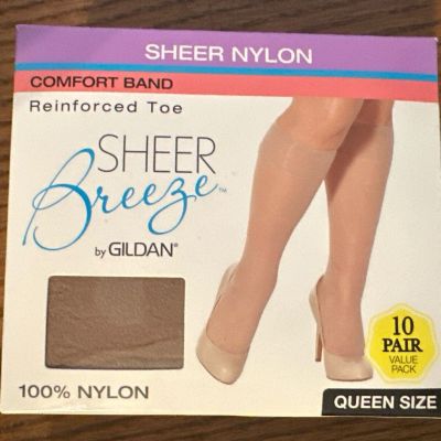 Gildan box of 10 pairs 'Sheer Breeze'  Knee Highs Beige/Queen Size 100perc Nylon