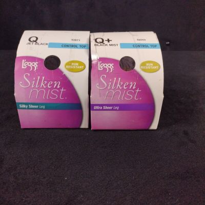 2 Pair L'eggs Silken Mist Control Top Pantyhose Q Jet Black; Q+ Black Mist