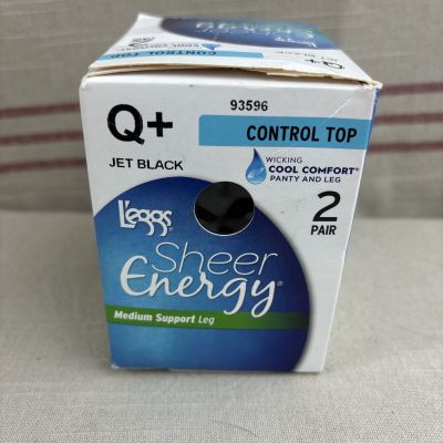 L'eggs  Control Top Sheer Energy JET BLACK Wicking Medium Support Tight Q+2 pair