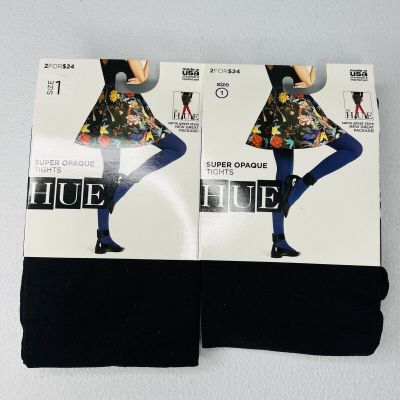 New HUE Tights Black Super Opaque Nylon Spandex 2 Pair Size 1