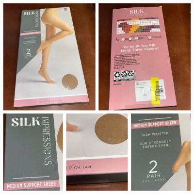 NEW Silk Impressions Pantyhose XXXL Rich Tan 2pk Med Support Sheer High Waist