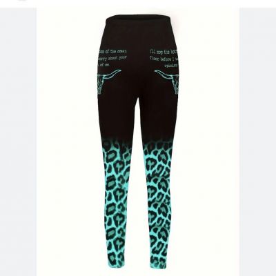 Women’s Plus 2XL Leopard Teal, Longhorn Black leggings, New! Activewear