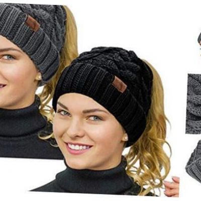 Ponytail Beanie for Women,Winter Warm Beanie Tail Soft 2pack-black/Grey