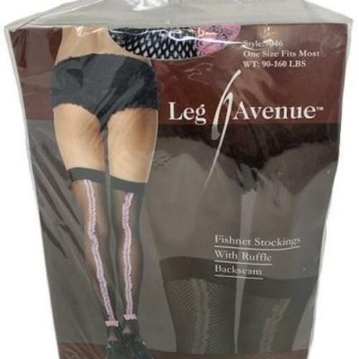 Thigh High Fishnet Stockings with Pink Ruffle Backseam - Black, One Size, Unisex