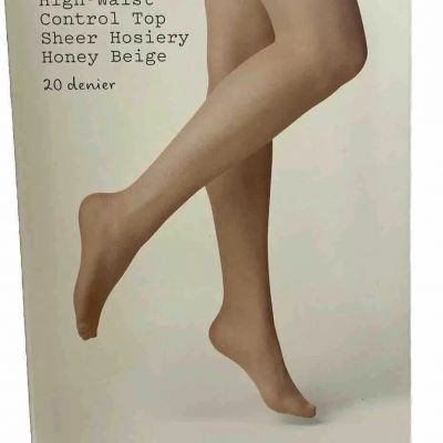 Ladies High-Waist Control-Top Sheer Hosiery 20 denier S/M Honey Beige. open box