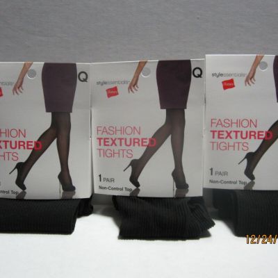 Hanes Fashion Textured Tights Non-Control Black Size Q LOT OF THREE (3)!