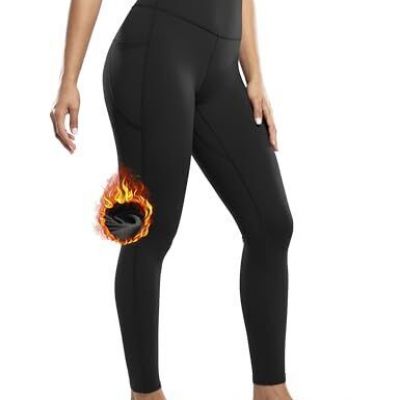 Women's Fleece Lined Leggings with Pockets Thermal Winter Workout Small Black