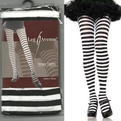 Leg Avenue Black & Pure White Stripe Tights 1X 2X Queen Plus Sz NWT