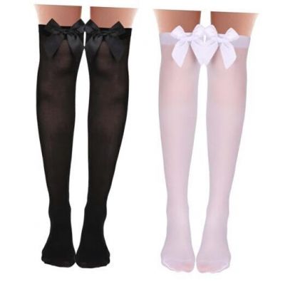 KALIONE 2 Pairs Satin Bow Stockings Women Black Thigh High Socks with Bow,