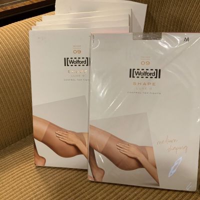 6 Pair of Wolford Women's Luxe 9 Control Top Tights - Caramel - Size Medium