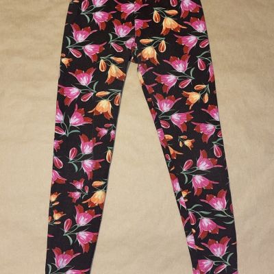 lularoe leggings women's one size black  with pink red orange floral flowers