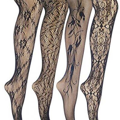 Womens Fishnet Tights Patterned Stockings Stretch One Size Black, Flowers