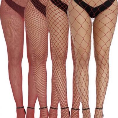 High Waist Fishnet Stockings - 4 Red Pairs