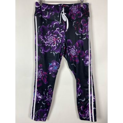 Avia Womens Leggings Black Multi High Rise Floral Drawstring Cropped Stripe L