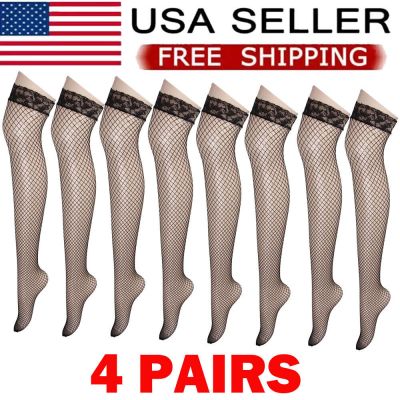 4Pair Black Women Stockings Lace Mesh High Thigh Fishnet Sexy Long Pantyhose USA