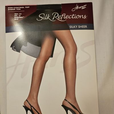 New Hanes Silk Reflections Silky Sheer Barel Black Pantyhose Size EF