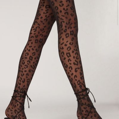 Calzedonia Black Animal Pattern tone-on-tone  30 Denier Sheer Tights. Size M/L