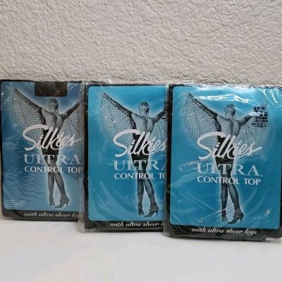 Lot Of 3 New VTG Silkies Ultra Control Top Pantyhose Small Navy Blue /dark Gray