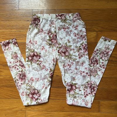 White and Red Burgandy Floral Rose Print Stocking Leggings XS