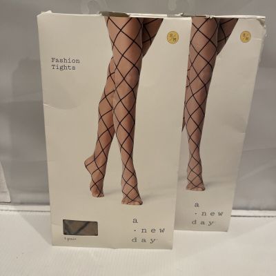 A New Day Women's Tights Diamond Black Nude Fishnet Sz S/M Full Toe Tan Lot Of 2