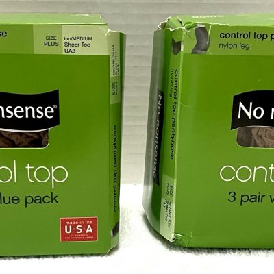 6 Pair No Nonsense Control Top Pantyhose Size Plus Tan Sheer Toe Nylons UA3