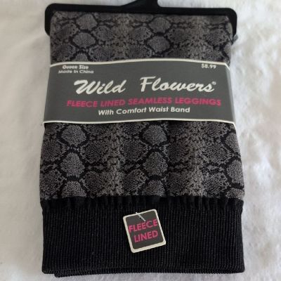 Wildflowers Black and Gray Fleece Lined Leggings Queen Size