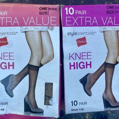 Lot 2 Boxes (20 Pairs) Hanes Style Essentials 1 size Knee Highs Nude & Off Black