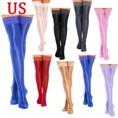 US Womens Shiny Thigh High Stockings Lace Sheer Footed Tights Stay-Up Pantyhose