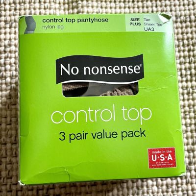 No Nonsense Control Top Comfort UA3 TAN Sheer Toe Pantyhose 3 pair Size PLUS