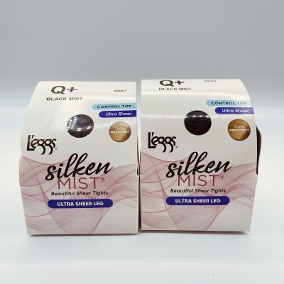 2 L'eggs Silken Mist Control Top BLACK MIST Ultra Sheer Leg Pantyhose Size Q+