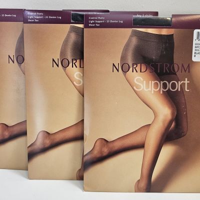 3 Nordstrom Support Pantyhose Sz B Black Sheer Toe, DenierLeg 3 Pair Control Top