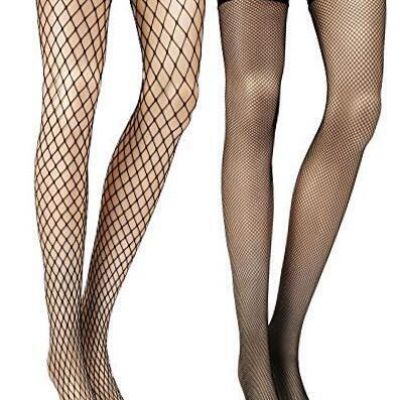 2 Pairs Women's Fishnet Thigh High Stockings Black over Knee Fishnet Stocking