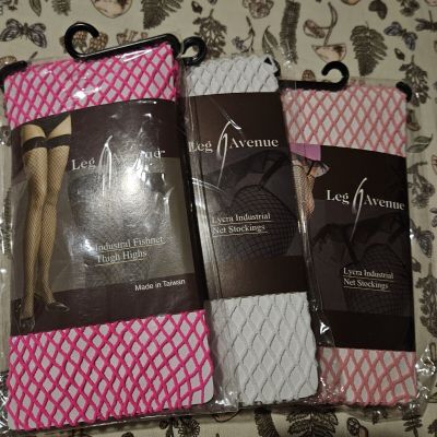 3 Packs Leg Avenue Fishnet Thigh High Stockings. White Baby Pink. Neon Pink. New