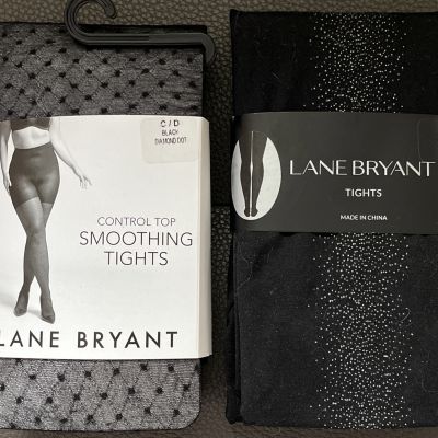 Lot Of 2 Pair Lane Bryant Size C-D Tights Black Diamond Dot & Black Sparkles