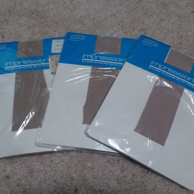 3 Pr Impressions Silken Sheers Control Top Pantyhose Size 1, Fawn & 2 Bamboo