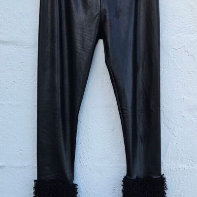 Womens Black Shiny Leggings Small Faux Leather Fur Trim Tight Cat Pants Costume