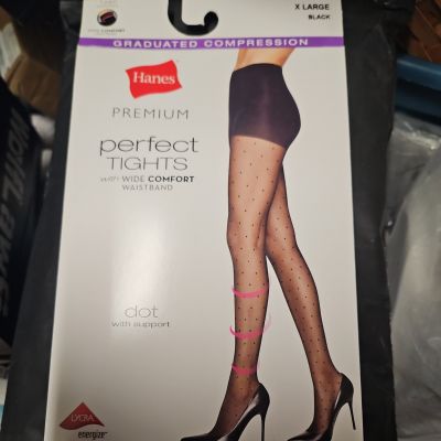 Hanes Premium Perfect Tights Compression Dot Control Top Wide Waistband BLACK XL