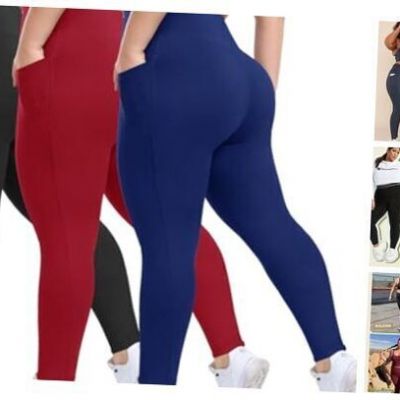 3 Pack Plus Size Leggings with Pockets for XX-Large Plus A-black/Blue/Red