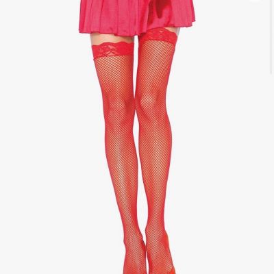 NWT Leg Avenue Women's Lace Top Fishnet Stockings Red O/S